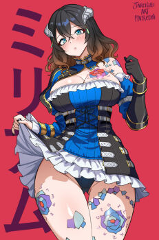 1girl aqua_eyes arm_tattoo artist_name black_dress black_gloves black_hair black_nails black_panties bloodstained:_ritual_of_the_night bloodstained_(series) blue_dress blue_eyes blush body_markings breast_tattoo breasts brown_hair cleavage clothes_lift detached_collar detached_sleeves dress dress_lift elbow_gloves eyebrows_hidden_by_hair flower_tattoo frilled_dress frilled_sleeves frills gauntlets gloves gluteal_fold green_eyes highres horns jarckius large_breasts leg_tattoo miriam_(bloodstained) multicolored_dress multicolored_hair nail_polish open_mouth panties patreon_username red_background short_hair shoulder_tattoo single_elbow_glove skirt skirt_lift solo standing streaked_hair tattoo underwear