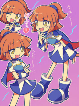 1girl ? absurdres arle_nadja armor armored_dress blue_boots blue_scrunchie blue_skirt boots breastplate brown_eyes cape dress hair_ornament hair_scrunchie half_updo heart high_ponytail highres looking_at_viewer madou_monogatari multiple_pov nzeneee open_mouth orange_hair ponytail pov puyopuyo scrunchie short_hair shoulder_armor sidelocks simple_background skirt smile solo translation_request