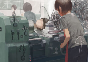 2boys 2girls black_hair buttons closed_eyes debris highres lathe lever light_smile machine machine_tool multiple_boys multiple_girls original others_(gogo-o) severed_head surreal