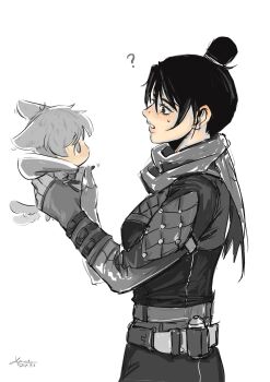 2girls animal_ears animification apex_legends black_eyes black_hair bodysuit breasts dated dog_ears dog_girl dog_tail edensen_(yuzee0000) face_piercing gloves grey_eyes grey_hair hair_behind_ear highres hood hood_down hooded_jacket jacket kemonomimi_mode lifting_person medium_breasts multiple_girls nose_piercing parted_lips piercing pink_lips short_hair signature simple_background spot_color sweatdrop tail tail_wagging wattson_(apex_legends) white_background wraith_(apex_legends)