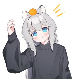 1girl absurdres animal_ears arm_up black_sweater blue_eyes blush closed_mouth commentary food food_on_head fruit grey_hair highres leaning_to_the_side long_sleeves mandarin_orange notice_lines object_on_head original puffy_long_sleeves puffy_sleeves riya_(01214) simple_background sleeves_past_wrists smile solo sweater upper_body white_background wolf_ears