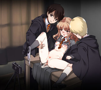 1girl 2boys alternate_eye_color bad_id bad_pixiv_id bandaid bite_marks black_eyes black_hair black_legwear blonde_hair blood bow bow_panties breasts brown_eyes brown_hair camera censored clothes_lift colin_creevey defloration glasses harry_potter harry_potter_(series) hermione_granger hogwarts_school_uniform knife loli mary_janes menstrual_blood menstrual_pad menstruation mosaic_censoring multiple_boys navel necktie nipples object_insertion panties panties_around_leg pubic_hair purple_panties pussy rape robe school_uniform shirt_lift shoes short_hair small_breasts socks spread_legs sweater tama_(tamatamo) tongue tongue_out torn_clothes torn_panties torture underwear wizarding_world