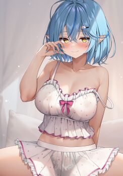 1girl absurdres ahoge black_panties blue_hair blue_nails blush bow breasts camisole closed_mouth commentary_request covered_erect_nipples crossed_bangs daifuku_(yukihana_lamy) elf fingernails frilled_camisole frilled_skirt frills hair_between_eyes hair_ornament hairclip hand_up highres hololive large_breasts long_fingernails looking_at_viewer multicolored_hair nail_polish navel official_alternate_costume official_alternate_hair_length official_alternate_hairstyle otokucha panties pink_bow pointy_ears polka_dot polka_dot_camisole polka_dot_skirt see-through_clothes see-through_skirt shade short_hair sitting skirt smile solo spread_legs strap_slip streaked_hair underwear virtual_youtuber white_camisole white_skirt yellow_eyes yukihana_lamy yukihana_lamy_(roomwear)
