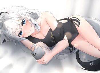 1girl absurdres ahoge animal_ear_fluff animal_ears black_panties black_shirt blue_eyes blush braid breasts cleavage commentary_request earrings fox_ears fox_girl fox_tail hair_between_eyes highres holding holding_phone hololive jewelry long_hair looking_at_viewer lying on_side panties pentagram phone shirakami_fubuki shirakami_fubuki_(loungewear) shirt sidelocks single_braid smile solo st-147 tail underwear virtual_youtuber white_hair