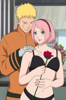 Rule 34 | 1boy, 1girl, blonde hair, boruto: naruto next generations, bra, flower, green eyes, haruno sakura, highres, naruto (series), pink hair, short hair, underwear, uzumaki naruto