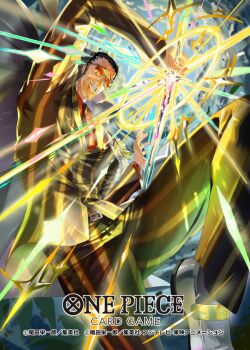 1boy beard_stubble black_hair clenched_teeth coat coat_on_shoulders commentary_request copyright_name epaulettes facial_hair holding holding_sword holding_weapon kizaru_(one_piece) male_focus matsumoto_akira official_art one_piece one_piece_card_game orange-tinted_eyewear shoes short_hair solo stubble sunglasses sword teeth tinted_eyewear vertical-striped_suit weapon white_coat white_shoes