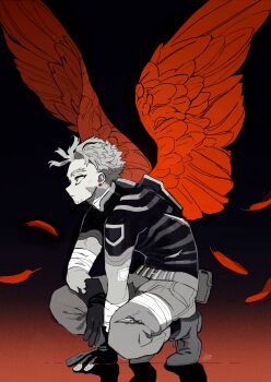 1boy black_background boku_no_hero_academia closed_mouth earrings full_body gauze_on_arm gloves gradient_background hawks_(boku_no_hero_academia) highres horocca jewelry looking_ahead male_focus pants partially_colored red_wings scar scar_on_face short_hair sitting solo wings