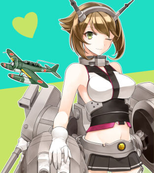 Rule 34 | 1girl, aircraft, aircraft request, airplane, bare shoulders, black skirt, breasts, brown hair, closed mouth, gloves, green eyes, headgear, heart, kantai collection, large breasts, looking at viewer, midriff, mikami (millefoglie), miniskirt, mutsu (kancolle), one eye closed, pleated skirt, rigging, ship turret, short hair, simple background, skirt, solo, two-tone background, white gloves