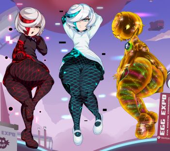 1girl absurdres aqua_eyes aqua_hair ass black_sclera captain_kirb clone colored_sclera dress hair_over_one_eye highres huge_ass looking_at_viewer looking_down multicolored_hair multiple_persona pantyhose red_eyes red_hair sage_(sonic) sonic_(series) sonic_frontiers sonic_racing:_crossworlds thick_thighs thighs two-tone_hair white_hair wide_hips yellow_eyes