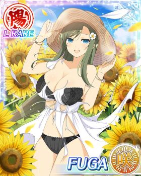 1girl :d armpit_crease black_bra black_panties blue_eyes blue_sky blush body_blush border bow bow_panties bra bracelet breasts card_(medium) character_name cleavage cloud collarbone day dress english_text field floral_print floral_print_bra floral_print_panties flower flower_field fuga_(senran_kagura) game_cg green_hair groin hair_flower hair_ornament hat jewelry large_breasts leaf lens_flare light_particles long_hair looking_at_viewer mole mole_under_eye official_alternate_costume official_art open_mouth outdoors panties print_panties senran_kagura senran_kagura_new_wave shiny_skin sky smile solo sparkle standing straw_hat sun_hat sundress sunflower sunflower_field swept_bangs torn_clothes torn_dress underwear very_long_hair white_dress yellow_flower