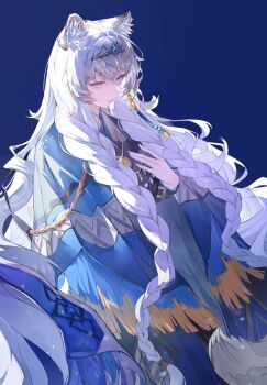 1girl absurdres animal_ear_fluff arknights blue_background blue_eyes braid bright_pupils bullet-jiechan commentary_request hand_on_own_chest highres jewelry long_hair long_sleeves necklace parted_lips pramanix_(arknights) simple_background snow_leopard_ears snow_leopard_girl solo tiara twin_braids very_long_hair