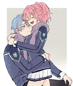 absurdres blue_eyes blue_hair border brown_background closed_eyes closed_mouth commentary double-parted_bangs eiyuu_densetsu english_commentary hair_between_eyes hair_bun hand_on_own_knee highres hug jacket juna_crawford kurt_vander maruka412 open_mouth pink_hair scarf school_uniform second-party_source sen_no_kiseki sen_no_kiseki_(series) sen_no_kiseki_iii short_hair sitting skirt smile snow two-tone_background white_border