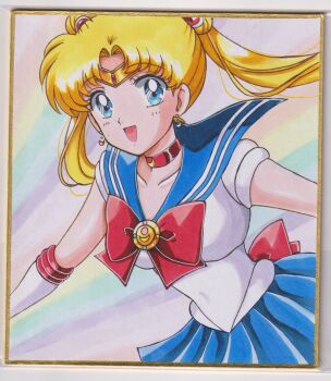 back_bow bishoujo_senshi_sailor_moon blue_eyes blue_sailor_collar blue_skirt bow bowtie chikoto_(kztc4472) choker circlet collarbone crescent crescent_earrings double_bun earrings elbow_gloves gem gloves hair_bun hair_ornament highres jewelry lips looking_at_viewer parted_bangs pleated_skirt red_bow red_bowtie red_choker red_gemstone sailor_collar sailor_moon sailor_senshi_uniform shirt skirt smile traditional_media transformation_brooch_(sailor_moon) tsukino_usagi twintails white_shirt