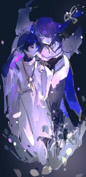 1boy 1girl absurdres age_difference bent_over black_background black_thighhighs blue_hair blunt_bangs braid breasts chinese_commentary cleavage closed_eyes closed_mouth clothing_cutout eyeliner fan_hair_ornament floating_hair flower_ornament full_body genshin_impact hair_between_eyes hair_floating_upwards hair_ornament hair_ribbon height_difference highres huge_breasts japanese_clothes jewelry kimono leaning_forward long_braid long_hair long_sleeves looking_to_the_side makeup mole mole_under_eye mother_and_son neck_ribbon necklace off_shoulder purple_hair purple_kimono raiden_shogun red_eyeliner red_ribbon red_sash ribbon sash scaramouche_(genshin_impact) scaramouche_(kabukimono)_(genshin_impact) see-through_clothes see-through_veil shade short_hair shoulder_cutout single_braid standing thick_thighs thighhighs thighs veil wide_sleeves xie4577673