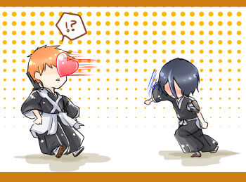 Rule 34 | !?, 1046sstep btoh, 1boy, 1girl, black hair, black hakama, bleach, bleach: sennen kessen-hen, blush, chibi, commentary request, faceless, faceless female, faceless male, hakama, halftone, halftone background, heart, japanese clothes, kuchiki rukia, kurosaki ichigo, orange hair, shihakusho, short hair, spoken interrobang, throwing