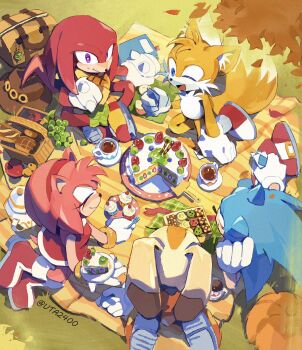 2girls 3boys :d ^_^ amy_rose animal_ear_fluff animal_ears apple artist_name autumn autumn_leaves baguette blue_eyes boots bread brown_hat cake cake_slice card checkerboard_cookie closed_eyes commentary cookie cowboy_hat cream_the_rabbit cup cupcake dress eating echidna_boy english_commentary extra_tails falling_leaves food food_on_face fork fox_boy from_above fruit furry furry_female furry_male gloves grapes grass hairband hat hedgehog_boy hedgehog_girl highres holding holding_card holding_fork indian_style kiwi_(fruit) kiwi_slice knuckles_the_echidna leaf multiple_boys multiple_girls one_eye_closed open_mouth outdoors picnic picnic_blanket purple_eyes rabbit_ears rabbit_girl red_boots red_dress red_hairband sitting smile sonic_(series) sonic_the_hedgehog sparkling_eyes strawberry tails_(sonic) teacup teapot twitter_username unworn_hat unworn_headwear uta2400 wariza white_gloves