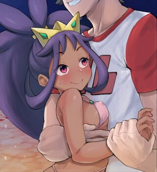 1boy 1girl absurdres artsheops bare_shoulders bikini blush breast_press breasts closed_mouth covered_erect_nipples dark-skinned_female dark_skin embarrassed grin head_out_of_frame highres hug iris_(pokemon) long_hair looking_up medium_breasts medium_hair nintendo one-punch_man parody pink_bikini pokemon pokemon_bw2 pokemon_sm purple_hair red_(pokemon) red_eyes red_shirt scene_reference shirt short_sleeves sideboob size_difference smile sweat swimsuit tiara two-tone_shirt upper_body white_shirt