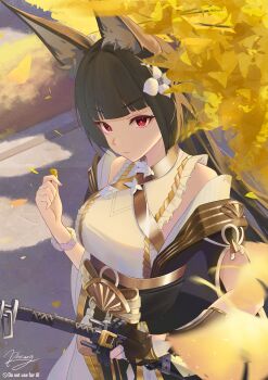 1girl absurdres animal_ear_fluff animal_ears black_dress black_gloves black_hair breasts closed_mouth commentary dress english_commentary falling_leaves fingerless_gloves flower fox_ears fox_girl gloves hair_flower hair_ornament hand_up highres holding holding_leaf holding_sword holding_weapon hoshimi_miyabi hoshimi_miyabi_(dignified_blossom) katana large_breasts leaf long_hair looking_at_viewer official_alternate_costume red_eyes rhsiang_0521 single_fingerless_glove solo sword two-tone_dress weapon white_dress white_flower zenless_zone_zero