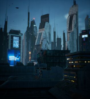 3d absurdres building city cityscape commentary_request english_text highres motoshi_(nzxg7878) no_humans original outdoors scenery science_fiction sky skyline skyscraper