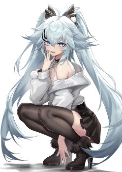 1girl absurdres ahoge bare_shoulders bell black_choker black_shoes black_skirt black_thighhighs blue_eyes chinese_commentary choker commentary_request full_body girls&#039;_frontline girls&#039;_frontline_neural_cloud grey_hair grey_shirt hair_between_eyes hair_ornament heart heart-shaped_pupils high_heels highres last_popsicle long_sleeves looking_at_viewer neck_bell open_mouth pa-15_(girls&#039;_frontline) pom_pom_(clothes) pom_pom_hair_ornament shirt shoes skirt smile solo symbol-shaped_pupils thighhighs twintails