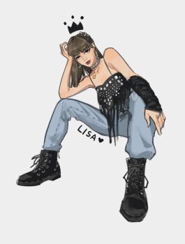 1girl black_boots black_eyeliner blackpink blunt_bangs boots bridal_gauntlets closed_mouth commentary denim earrings english_commentary eyeliner full_body head_rest iiiiben jeans jewelry lisa_(blackpink) long_hair makeup necklace pants simple_background single_bridal_gauntlet sitting smile solo