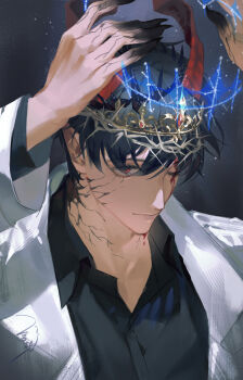 1boy absurdres black_hair black_shirt blood blood_from_forehead blood_on_face colored_veins commentary constellation_print cowboy_shot crown crown_of_thorns demon_horns english_commentary fingernails goo_g000 gradient_skin hands_up highres holding holding_crown horns kim_dokja looking_at_viewer male_focus official_alternate_costume omniscient_reader&#039;s_viewpoint one_eye_closed red_eyes sharp_fingernails shirt short_hair smirk solo upper_body