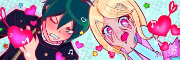 1980s_(style) 1boy 1girl akamatsu_kaede angry blonde_hair blue_background blue_hair danganronpa_(series) danganronpa_v3:_killing_harmony fortissimo green_eyes hair_ornament hands_on_own_chest hands_on_own_face heart heart-shaped_pupils hetero mei_(meichidraws) musical_note musical_note_hair_ornament oldschool pink_eyes pink_sweater_vest retro_artstyle saihara_shuichi scissors star_(sky) sweater_vest symbol-shaped_pupils twitter_banner