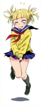 Rule 34 | 1girl, absurdres, alternate costume, black socks, blonde hair, blunt bangs, blush, boku no hero academia, brown shoes, embarrassed, female focus, highres, kneehighs, messy hair, monochrome, okosama lunch, school uniform, serafuku, shoes, simple background, socks, solo, tagme, toga himiko, yellow eyes