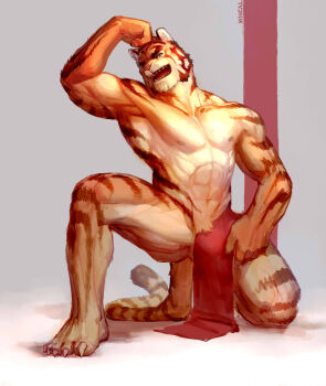 1boy abs animal_ears bara bulge commentary_request flexing full_body furry furry_male highres large_pectorals loincloth looking_at_viewer male_focus mature_male muscular muscular_male navel navel_hair nipples on_one_knee orange_fur original pectorals pelvic_curtain short_hair smile solo stomach tail thick_eyebrows thick_thighs thighs tiger_boy tiger_ears tiger_stripes tiger_tail topless_male wincalblanke