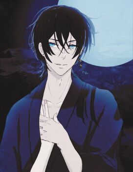 1boy 1girl absurdres adam's_apple bishounen black_hair blue_eyes blue_moon blunt_sidelocks cloud cloudy_sky earrings female_pov grin hand_on_another's_chest highres holding_hands japanese_clothes jewelry kimono long_hair moon night ninja non-web_source pov sidelocks sky smile smirk thelittleapron vanitas_(vanitas_no_carte) vanitas_no_carte whisp yukata