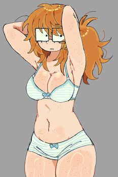 1girl armpits arms_up bow bow_bra bra breasts cleavage cowboy_shot grey_background half-closed_eyes highres jimiko kibyland large_breasts long_hair looking_at_viewer medium_breasts messy_hair navel orange_hair original panties simple_background solo standing striped_clothes striped_panties sweat underwear underwear_only