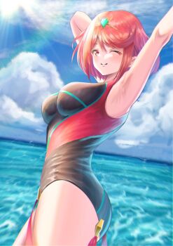 1girl armpits arms_up ass bare_shoulders beach black_one-piece_swimsuit blue_sky blush breasts closed_mouth cloud competition_swimsuit headpiece highres large_breasts looking_at_viewer ocean one-piece_swimsuit one_eye_closed outdoors pinstripe_one-piece_swimsuit pyra_(pro_swimmer)_(xenoblade) pyra_(xenoblade) red_eyes red_hair red_one-piece_swimsuit ribbed_swimsuit short_hair sky smile solo strapless strapless_one-piece_swimsuit striped_clothes striped_one-piece_swimsuit swept_bangs swimsuit thighs tiara two-tone_swimsuit vertical-striped_clothes vertical-striped_one-piece_swimsuit wakakun_07 water xenoblade_chronicles_(series) xenoblade_chronicles_2