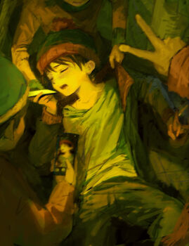 4boys beanie black_hair cellphone_photo child closed_eyes clothes_grab eric_cartman hat highres holding holding_phone kakutou15 kenny_mccormick kyle_broflovski lying male_focus multiple_boys on_back open_mouth pants phone pov pov_hands shirt south_park stan_marsh taking_picture v white_shirt yellow_theme