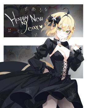 1girl absurdres ahoge black_bow black_dress black_hair black_shrug blonde_hair bow breasts cleavage commentary crossed_bangs dooby double-parted_bangs dress english_commentary green_eyes hair_between_eyes hair_bow hand_on_own_hip happy_new_year high-low_dress highres indie_virtual_youtuber juliet_sleeves long_sleeves looking_at_viewer medium_breasts mouse_girl mouse_tail multicolored_hair new_year original pantyhose puffy_sleeves short_hair shrug_(clothing) smile solo strapless strapless_dress streaked_hair tail thick_eyebrows virtual_youtuber yubbiidraw
