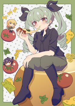 3girls anchovy_(girls_und_panzer) anzio_military_uniform black_boots black_hair black_necktie black_ribbon black_shirt blush boots braid breasts brown_eyes carpaccio_(girls_und_panzer) cheese chibi commentary drill_hair eating food girls_und_panzer green_hair hair_ribbon highres holding holding_food holding_pizza long_hair long_sleeves looking_at_viewer makyabetsu medium_breasts multiple_girls necktie parmigiano pasta pepperoni_(girls_und_panzer) pizza pizza_slice red_eyes ribbon shirt short_hair side_braid sitting smile symbol-only_commentary tomato twin_drills twintails two-tone_background