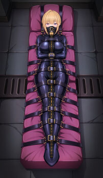 Rule 34 | 1girl, arms across body, arms under breasts, bdsm, belt, belt buckle, blonde hair, bodysuit, bound, bound arms, bound legs, breasts, buckle, collar, cross-laced clothes, evelyn chevalier, full body, gag, gagged, highres, immobilization, latex, latex bodysuit, lying, medium breasts, on back, plug gag, purple eyes, sleepsack, solo, straitjacket, yayu (user ykug3338), zenless zone zero, zipper