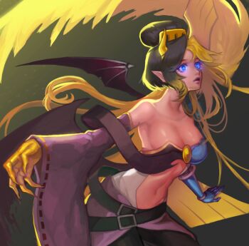 1girl angel angel_wings bandai bare_shoulders bat_(animal) bat_wings belt black_hair black_wings blonde_hair blue_eyes breasts bridal_gauntlets bustier claws demon_girl detached_collar detached_sleeves digimon digimon_crusader dual_persona eyeshadow facial_mark feathered_wings female_focus gauntlets gloves glowing glowing_eyes hair_bun hair_ornament horns large_breasts lilithmon lipstick long_hair looking_up makeup mid-transformation midriff multiple_wings nail_polish ofanimon open_mouth pointy_ears seven_great_demon_lords sharp_nails shawl short_hair simple_background single_hair_bun skirt smile standing tattoo tongue transformation white_background wide-eyed wide_sleeves wings