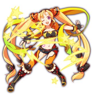 1girl anime_coloring artist_request bandeau bare_arms bare_shoulders belt belt_buckle belted_vest black_bandeau black_boots black_gloves boots breasts brown_belt buckle cleavage collar collarbone collared_vest crash_fever denim drawstring facing_viewer fingerless_gloves full_body game_cg gloves gold_buckle hair_intakes hair_ornament hairclip headphones helena_(crash_fever) high_collar high_heel_boots high_heels knee_boots legs_apart lightning_bolt_print lightning_bolt_symbol medium_breasts micro_shorts midriff narrow_waist navel number_tattoo numbered official_art open_hand open_mouth orange_collar orange_thighhighs orange_vest outline parted_bangs purple_eyes quad_tails red_outline shorts sidelocks skinny solo square square_tattoo star_(symbol) tachi-e tattoo teeth thighhighs third-party_source tongue transparent_background upper_teeth_only vest w