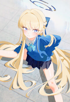 1girl absurdres black_skirt blonde_hair blue_archive blue_bow blue_bowtie blue_cardigan blue_eyes blue_halo bm_tol bow bowtie braid cardigan closed_mouth collared_shirt commentary earrings hair_bow halo highres jewelry long_hair long_sleeves looking_at_viewer miniskirt official_alternate_costume pleated_skirt shirt skirt sleeves_past_wrists smile solo stud_earrings toki_(blue_archive) toki_(school_uniform)_(blue_archive) very_long_hair white_shirt