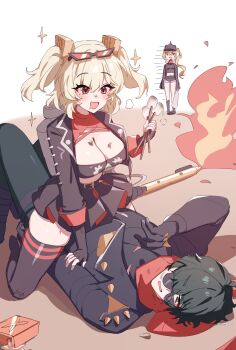 1boy 2girls absurdres black_gloves black_hair black_jacket black_shorts black_thighhighs blonde_hair breasts burnice_white crop_top dirty dirty_face eyewear_on_head fingerless_gloves fire flamethrower food gloves hair_over_one_eye helmet highres holding jacket large_breasts lighter_(zenless_zone_zero) long_sleeves luciana_de_montefio lying marshmallow multiple_girls open_mouth pants red_eyes red_scarf roasted_marshmallow scarf shorts side_ponytail skirt sparkle standing straddling sunglasses taiyaki12 thighhighs two_side_up weapon zenless_zone_zero