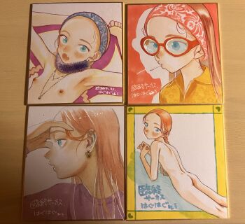 1girl ass blonde_hair blue_eyes commentary_request flat_chest forehead haguhagu_(rinjuu_circus) hairband highres loli long_hair marker_(medium) nipples original photo_(medium) red-framed_eyewear sasha_(haguhagu) shikishi traditional_media