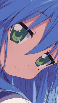 1girl :3 absurdres blue_hair blue_sailor_collar close-up commentary english_commentary film_grain gnlop green_eyes highres izumi_konata long_hair looking_at_viewer lucky_star mixed-language_commentary mole mole_under_eye portrait ryouou_school_uniform sailor_collar school_uniform serafuku smile solo very_long_hair