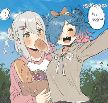 2girls alternate_costume bag baguette blue_hair bread breasts contemporary ddomy_pangin effie_(fire_emblem) fangs fire_emblem fire_emblem_fates food green_eyes grey_hair grocery_bag happy medium_breasts multiple_girls nintendo open_mouth outdoors peri_(fire_emblem) pink_hair sharp_teeth shopping_bag smile speech_bubble teeth translation_request twintails