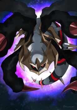 absurdres alternate_form black_sclera colored_sclera commentary creature creature_focus distortion_world gen_4_pokemon giratina giratina_(origin) glowing glowing_eyes hareruya_(smomo2227) highres legendary_pokemon looking_at_viewer nintendo no_humans pokemon pokemon_(creature) red_eyes solo spikes twitter_username