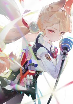 1girl absurdres alice_thymefield animal_ears black_pantyhose blonde_hair braid commentary heterochromia highres holding holding_sword holding_weapon long_hair looking_at_viewer pantyhose rabbit_ears rabbit_girl rabbit_tail rapier ribiadan solo sword tail weapon zenless_zone_zero
