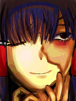 1girl 833_(cookie) aegyo_sal black_eyes brown_hair commentary_request cookie_(touhou) cracked_kawaii_mask cracked_mask hair_tubes hakurei_reimu hands_up harusame_kirisa highres mask masked portrait short_hair solo touhou