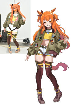 1girl absurdres animal_ears artist_self-insert artist_self-reference black_thighhighs blush bomber_jacket commentary_request cosplay crop_top dog_tags ear_ornament green_jacket grey_shoes hand_up highres horse_ears horse_girl horse_tail jacket long_hair long_sleeves looking_at_viewer mayano_top_gun_(scramble_zone)_(umamusume) mayano_top_gun_(umamusume) midriff navel open_clothes open_jacket orange_eyes orange_hair orange_tail playing_with_own_hair po_musubi puffy_long_sleeves puffy_sleeves real_life shirt shoes short_shorts shorts simple_background skindentation smile standing tail thighhighs two_side_up umamusume white_background white_shorts yellow_shirt