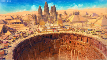 3d ancient_egyptian architecture arsenixc blue_sky building city cityscape cloud commentary english_commentary grand_scale highres nikki_(series) palace pyramid_(structure) scenery shining_nikki sky statue tent tower