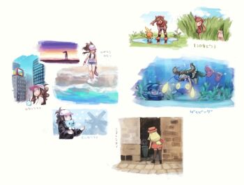 3girls air_bubble alley alternate_costume bandana bare_arms baseball_cap bike_shorts black_footwear black_hoodie black_vest blonde_hair blue_eyes blush boots brown_hair brown_legwear bubble burakku_mutou chinchou clamperl closed_eyes closed_mouth commentary_request cubchoo espurr eyelashes furret gen_2_pokemon gen_3_pokemon gen_5_pokemon gen_6_pokemon gloves glowing goggles grass hat highres hilda_(pokemon) hoenn_route_120 holding holding_boots holding_footwear holding_pokemon holding_unworn_clothes hood hoodie leaning_forward long_hair luvdisc may_(pokemon) multiple_girls multiple_views nintendo pleated_skirt pokemon pokemon_(creature) pokemon_bw pokemon_rse pokemon_xy puddle red_bandana red_shirt serena_(pokemon) shirt shoes short_sleeves sidelocks skirt smile socks standing tall_grass thighhighs torchic translation_request underwater unworn_boots vest wading water white_skirt