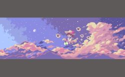 1girl above_clouds animated blue_scarf bow broom broom_riding brown_hair chibi cloud dress flying hat hat_bow lantern letterboxed looping_animation moon original oyuzaki_(ayuzaki) parallax pixel_art scarf shooting_star sky solo star_(sky) starry_sky tagme twintails video white_dress white_hat witch
